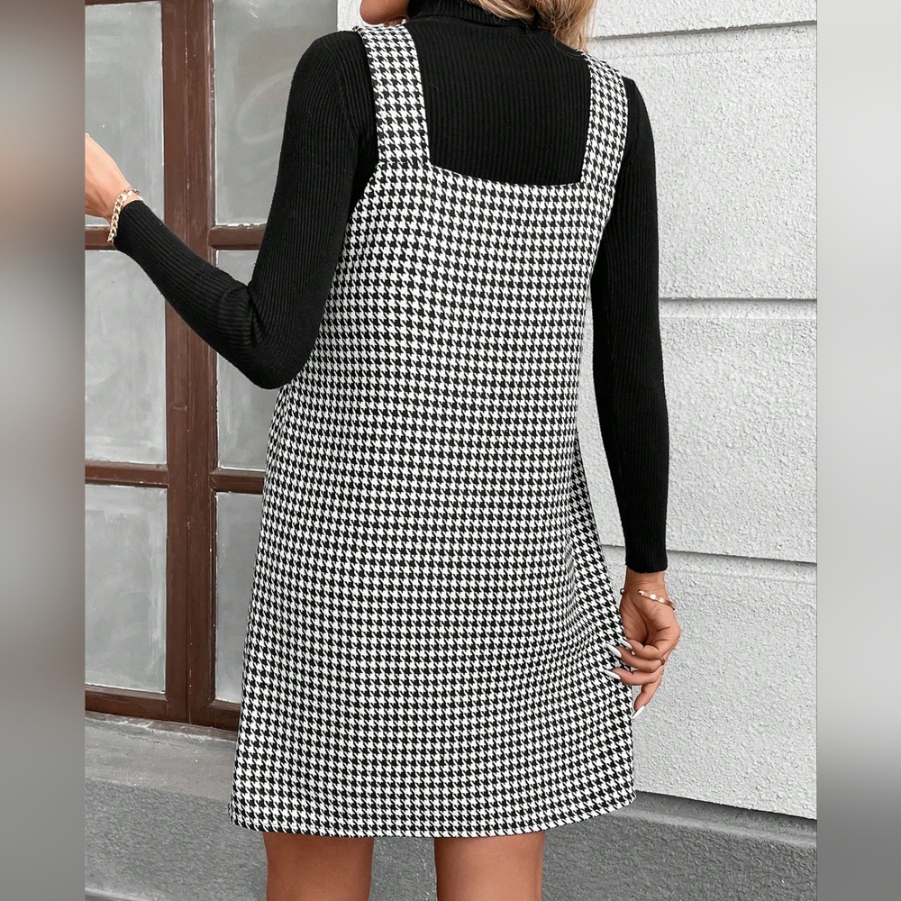 Street Style Black And White Houndstooth Suspender Dress For Women - Picture 4 of 5